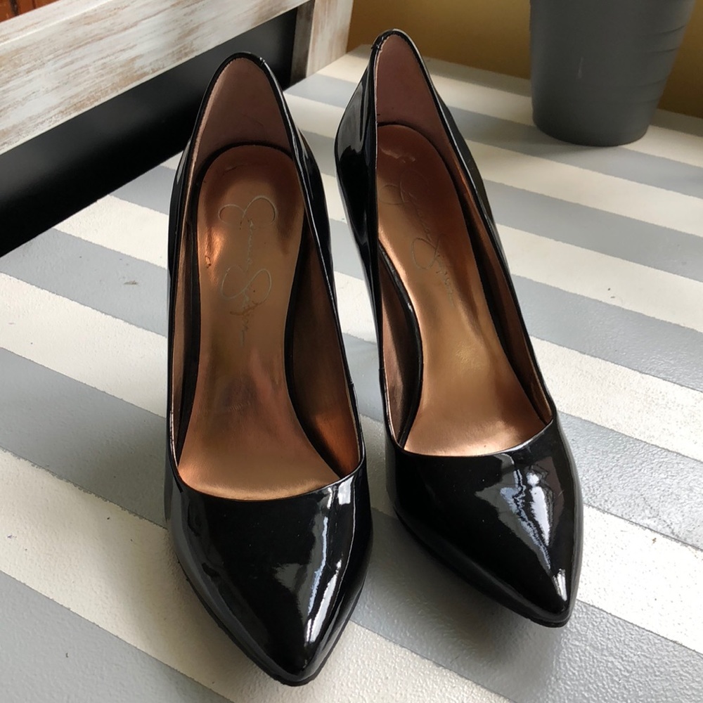 Black patent leather high heels